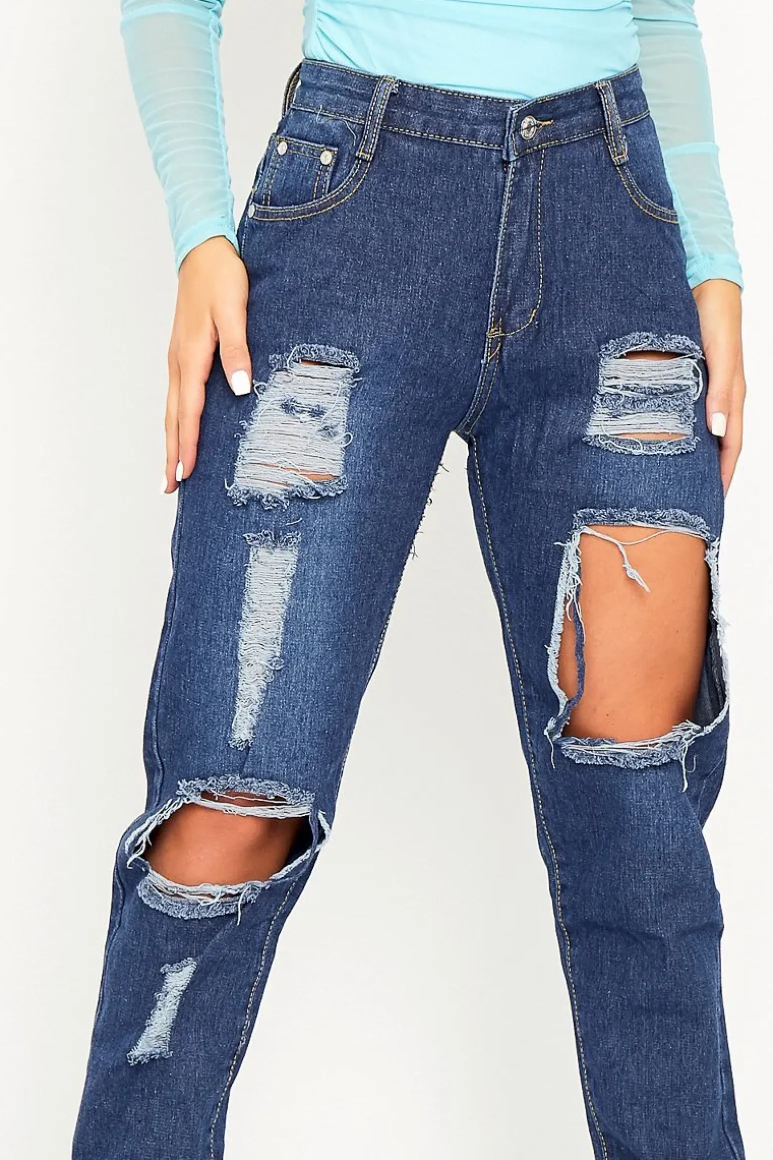 Rebellious Fashion Dark Blue Distressed Leg Mom Fit Jeans - Calina