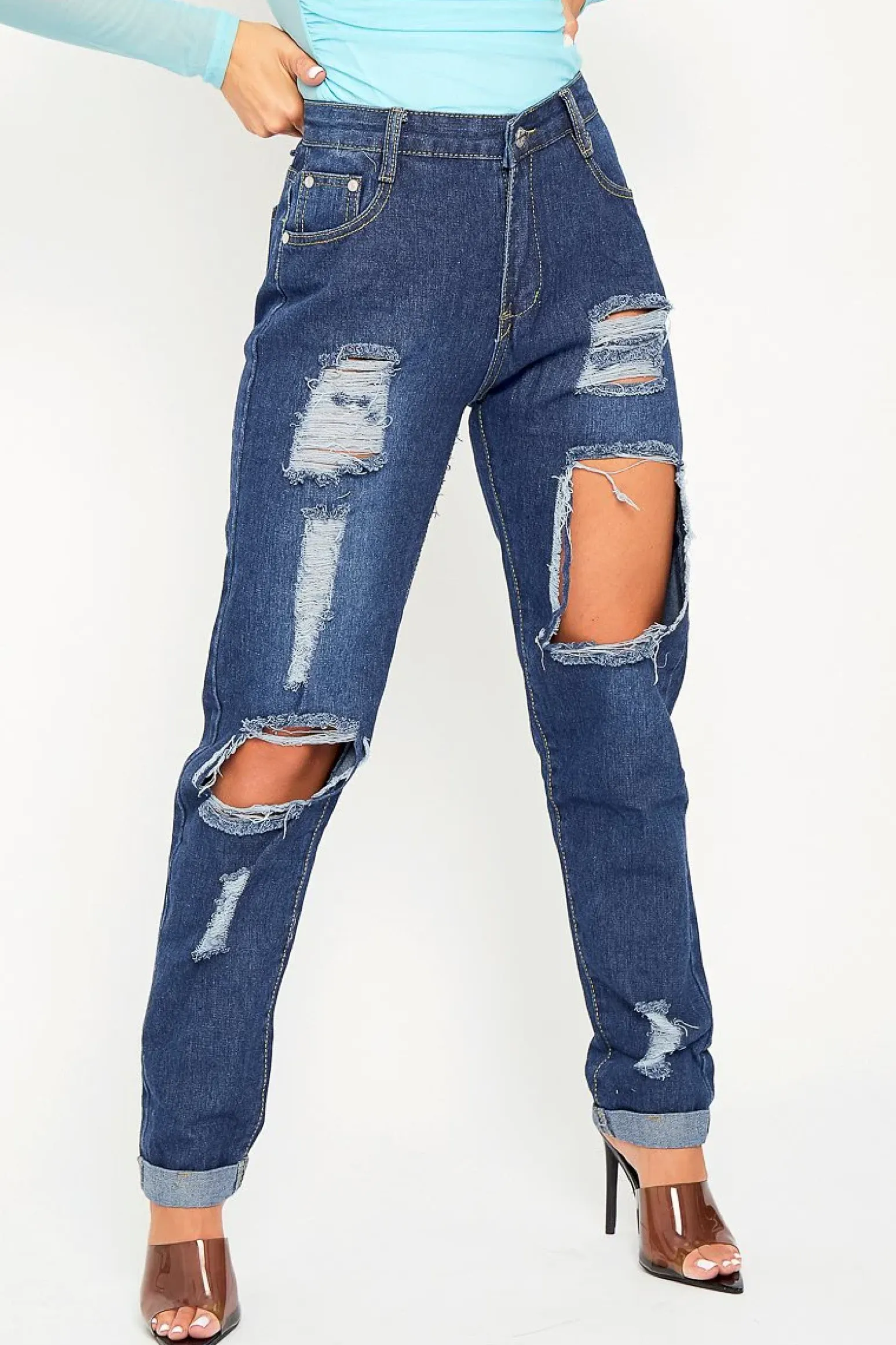 Rebellious Fashion Dark Blue Distressed Leg Mom Fit Jeans - Calina