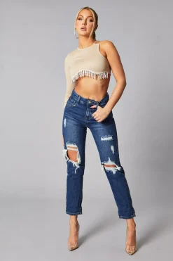 Rebellious Fashion Dark Blue Distressed Straight Leg Jeans - Nikia