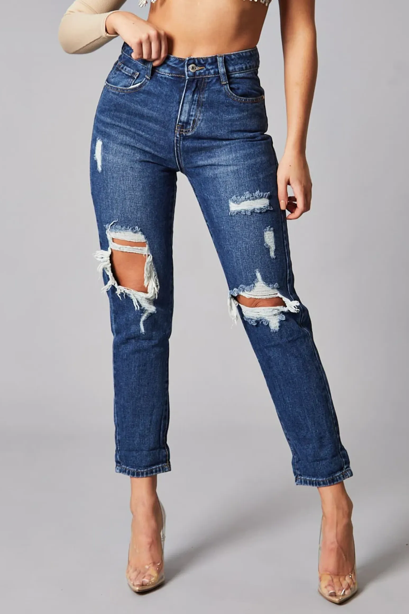 Rebellious Fashion Dark Blue Distressed Straight Leg Jeans - Nikia