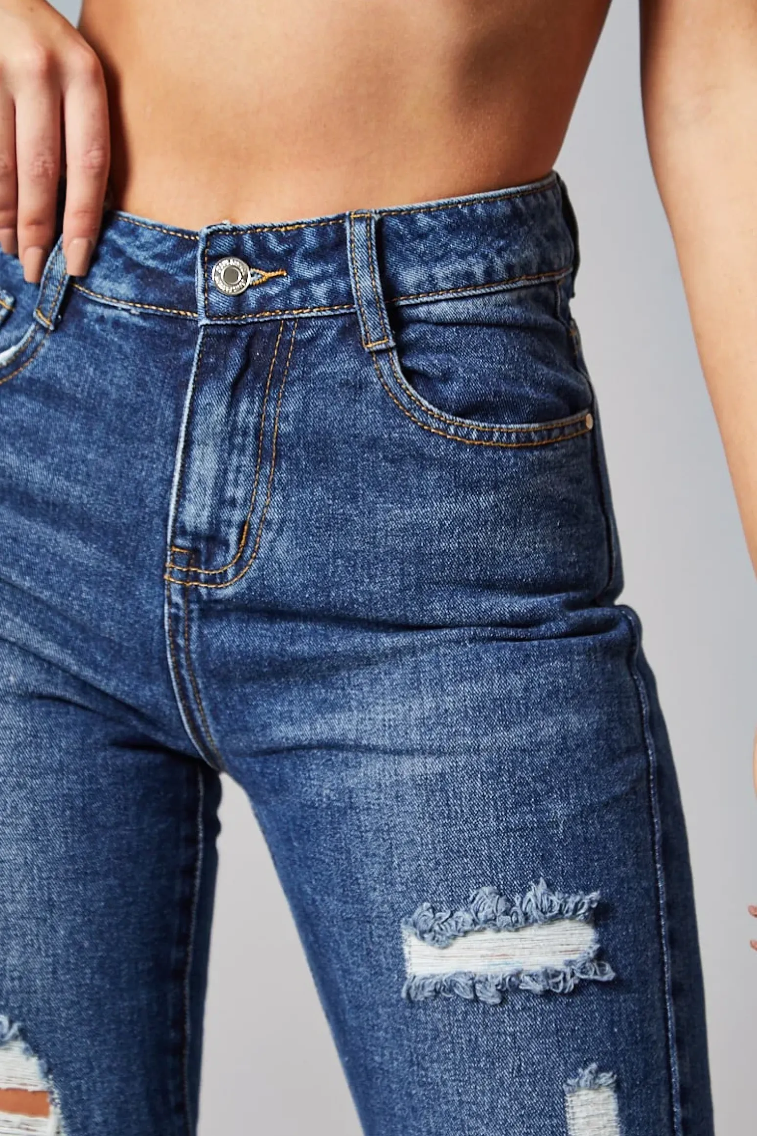 Rebellious Fashion Dark Blue Distressed Straight Leg Jeans - Nikia