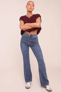 Rebellious Fashion Dark Blue High Waist Kick Flare Denim Jeans - Aspen