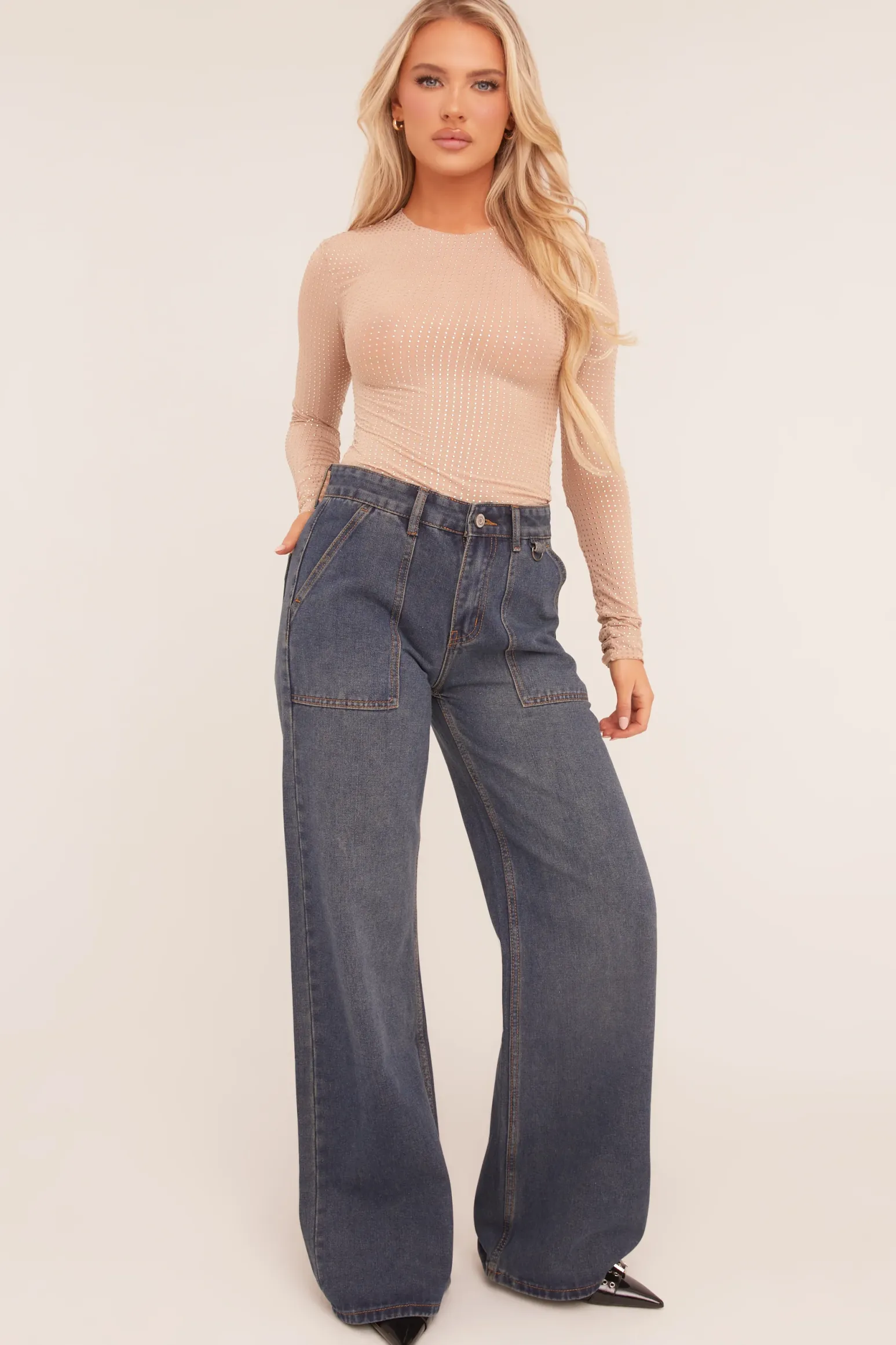 Rebellious Fashion Dark Blue Pocket Detail Wide Leg Jeans - Elena