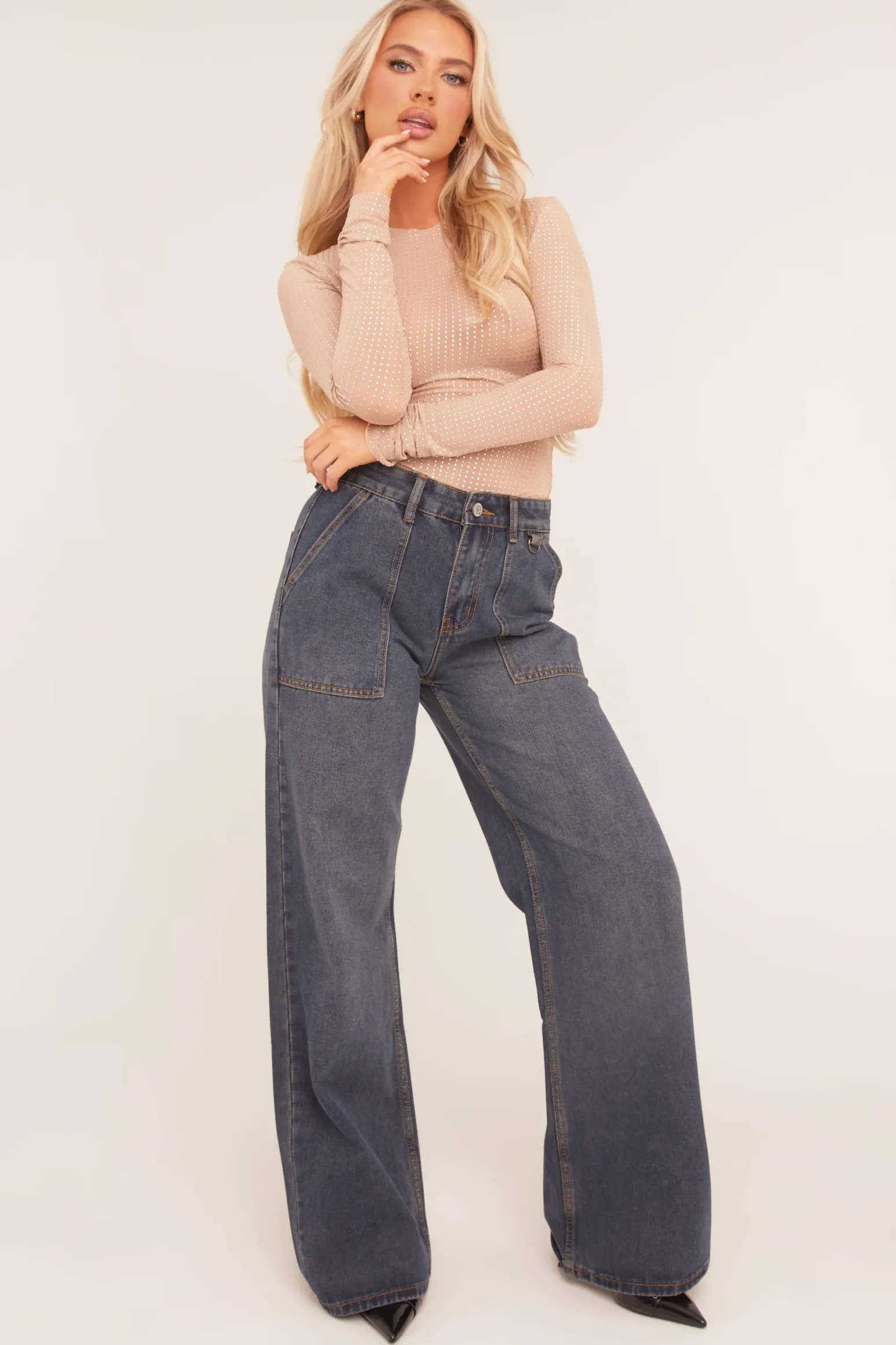 Rebellious Fashion Dark Blue Pocket Detail Wide Leg Jeans - Elena