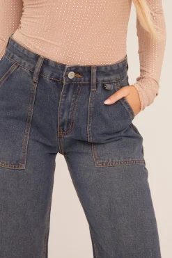 Rebellious Fashion Dark Blue Pocket Detail Wide Leg Jeans - Elena