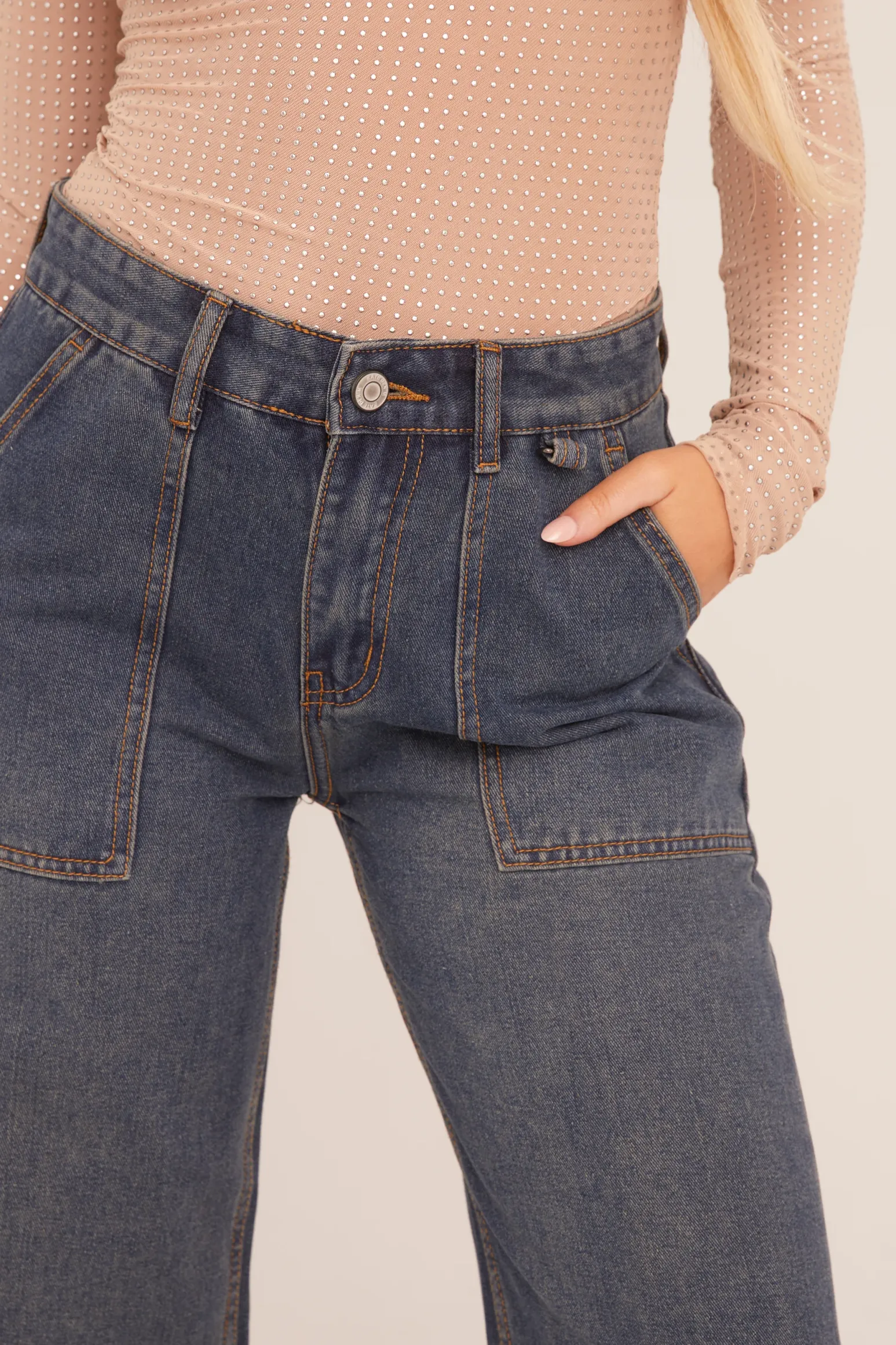 Rebellious Fashion Dark Blue Pocket Detail Wide Leg Jeans - Elena