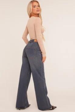 Rebellious Fashion Dark Blue Pocket Detail Wide Leg Jeans - Elena