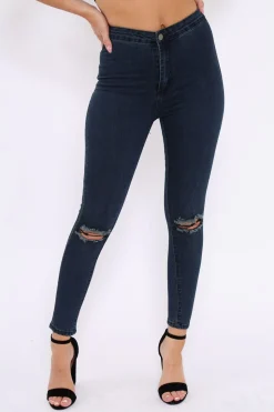 Rebellious Fashion Dark Blue Ripped Knee High Waist Skinny Jeans -Leeya