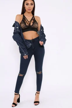 Rebellious Fashion Dark Blue Ripped Knee High Waist Skinny Jeans -Leeya