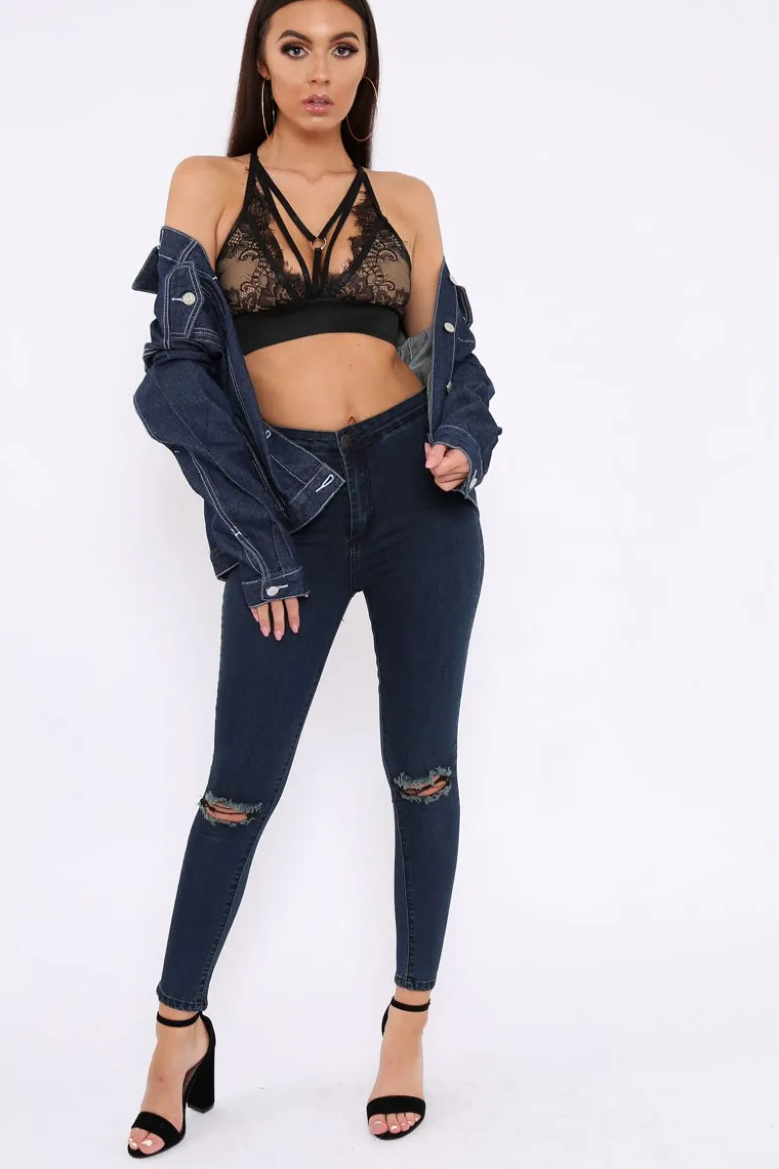 Rebellious Fashion Dark Blue Ripped Knee High Waist Skinny Jeans -Leeya