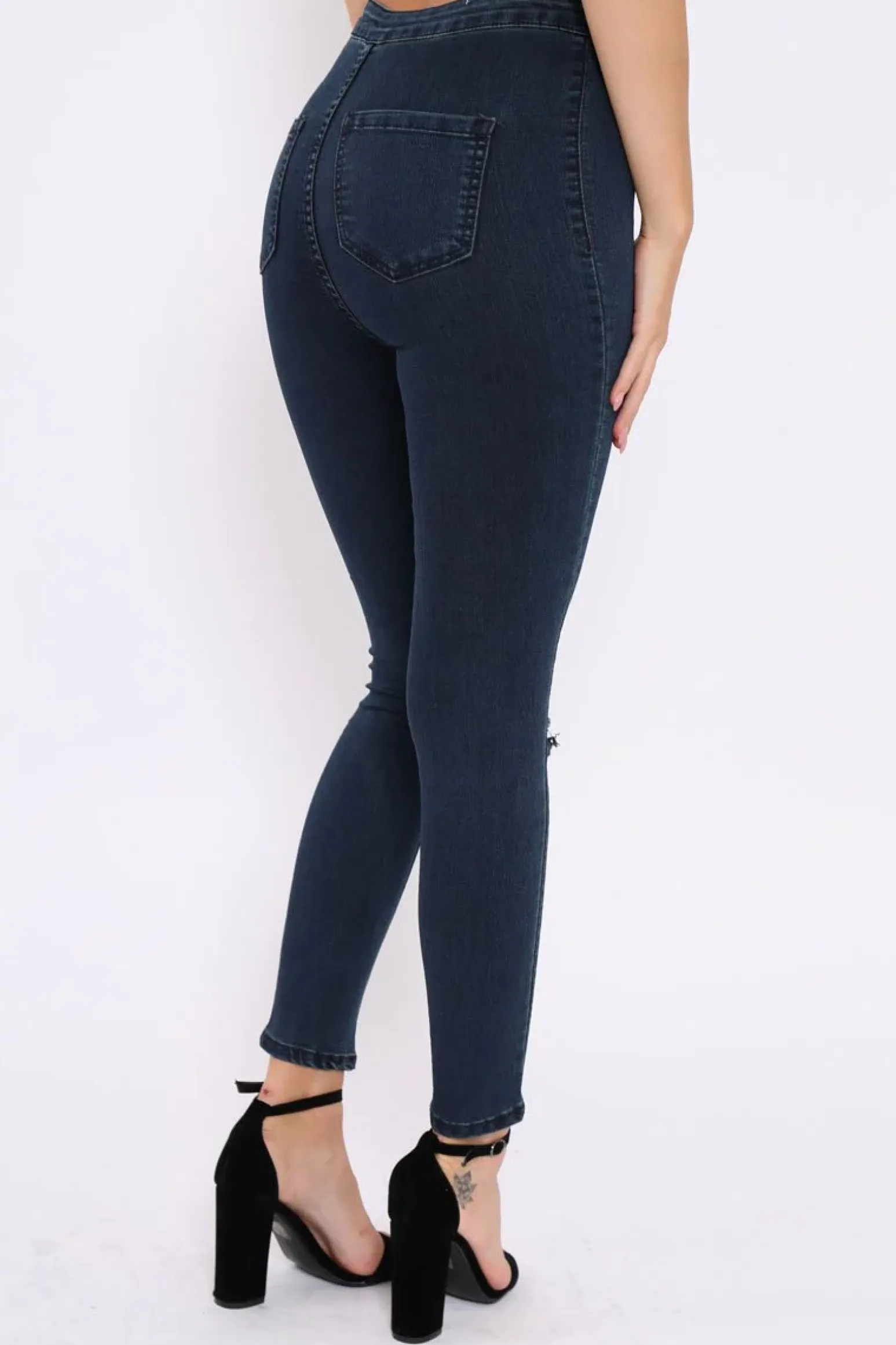 Rebellious Fashion Dark Blue Ripped Knee High Waist Skinny Jeans -Leeya