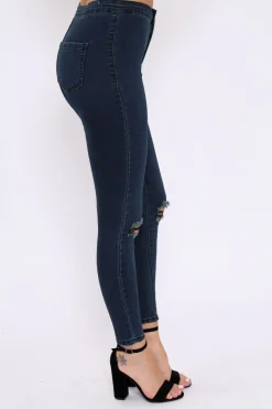 Rebellious Fashion Dark Blue Ripped Knee High Waist Skinny Jeans -Leeya