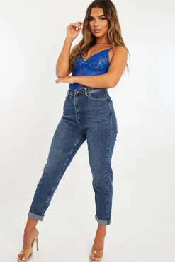 Rebellious Fashion Dark Blue Rolled Hem Mom Fit Jeans - Beryl