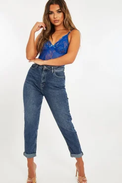 Rebellious Fashion Dark Blue Rolled Hem Mom Fit Jeans - Beryl