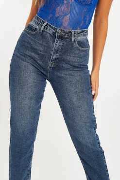 Rebellious Fashion Dark Blue Rolled Hem Mom Fit Jeans - Beryl