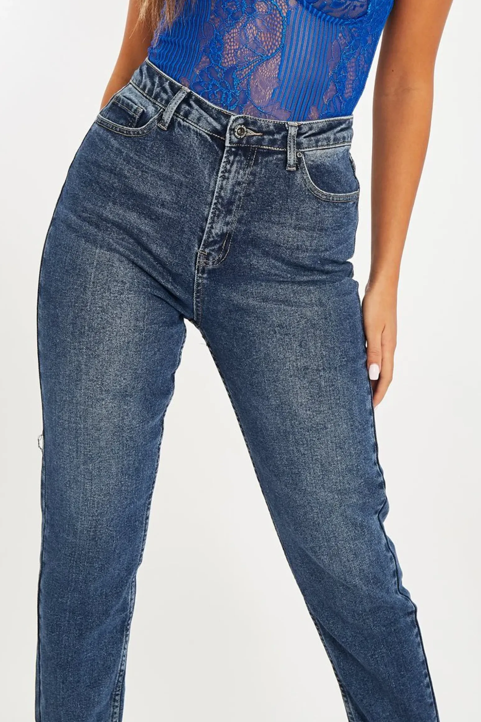 Rebellious Fashion Dark Blue Rolled Hem Mom Fit Jeans - Beryl