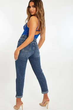 Rebellious Fashion Dark Blue Rolled Hem Mom Fit Jeans - Beryl