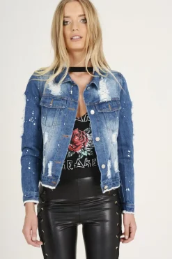 Rebellious Fashion Dark Blue Splash Detail Denim Jacket - Billie