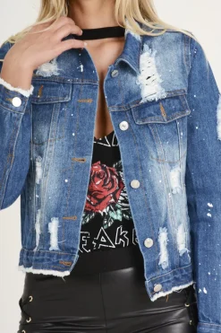 Rebellious Fashion Dark Blue Splash Detail Denim Jacket - Billie