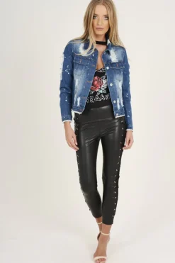 Rebellious Fashion Dark Blue Splash Detail Denim Jacket - Billie