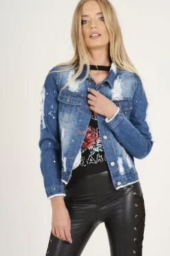 Rebellious Fashion Dark Blue Splash Detail Denim Jacket - Billie