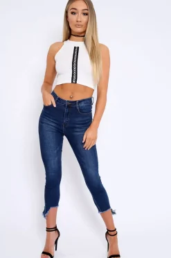 Rebellious Fashion Dark Blue Split Hem Skinny Jeans - Ellsie