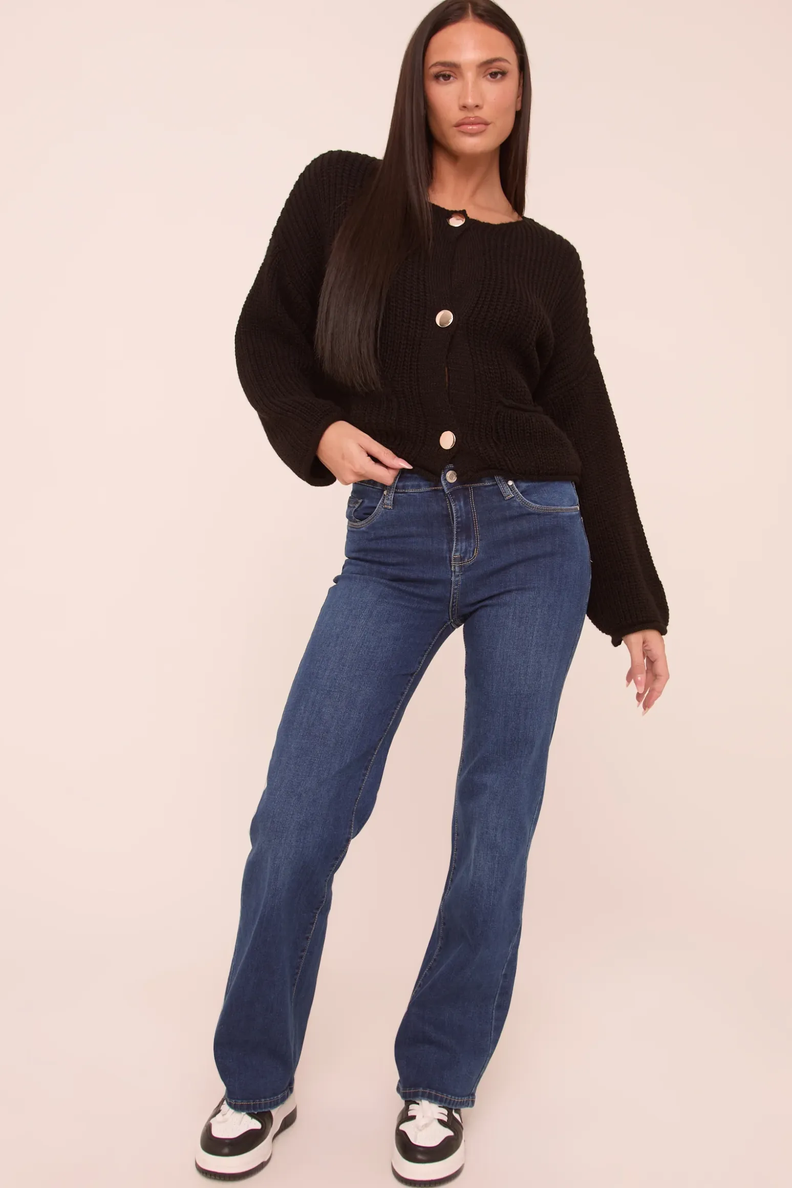 Rebellious Fashion Dark Blue Stretch Mid Waist Straight Leg Denim Jeans - Rey