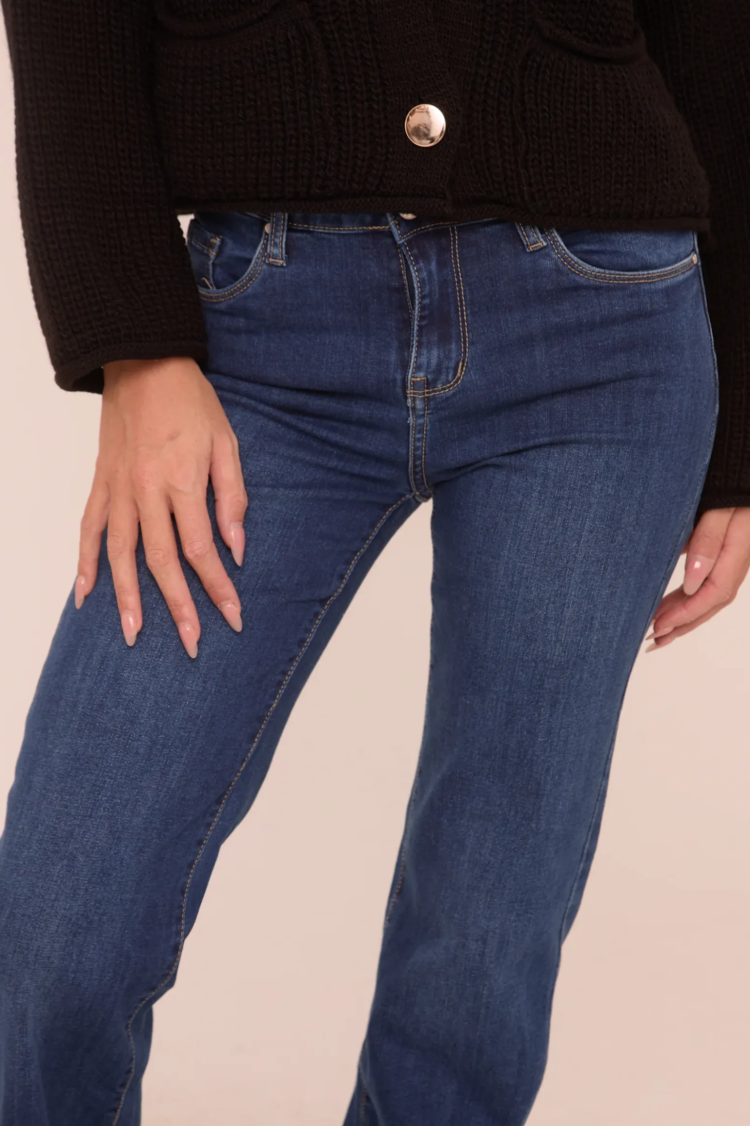 Rebellious Fashion Dark Blue Stretch Mid Waist Straight Leg Denim Jeans - Rey