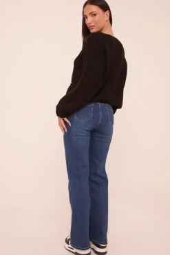 Rebellious Fashion Dark Blue Stretch Mid Waist Straight Leg Denim Jeans - Rey