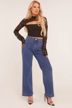 Rebellious Fashion Dark Blue Stretch Pocket Detail Straight Leg Jeans - Harlow