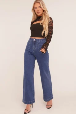Rebellious Fashion Dark Blue Stretch Pocket Detail Straight Leg Jeans - Harlow