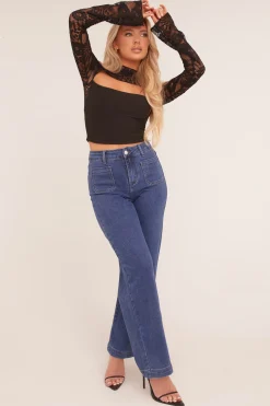 Rebellious Fashion Dark Blue Stretch Pocket Detail Straight Leg Jeans - Harlow