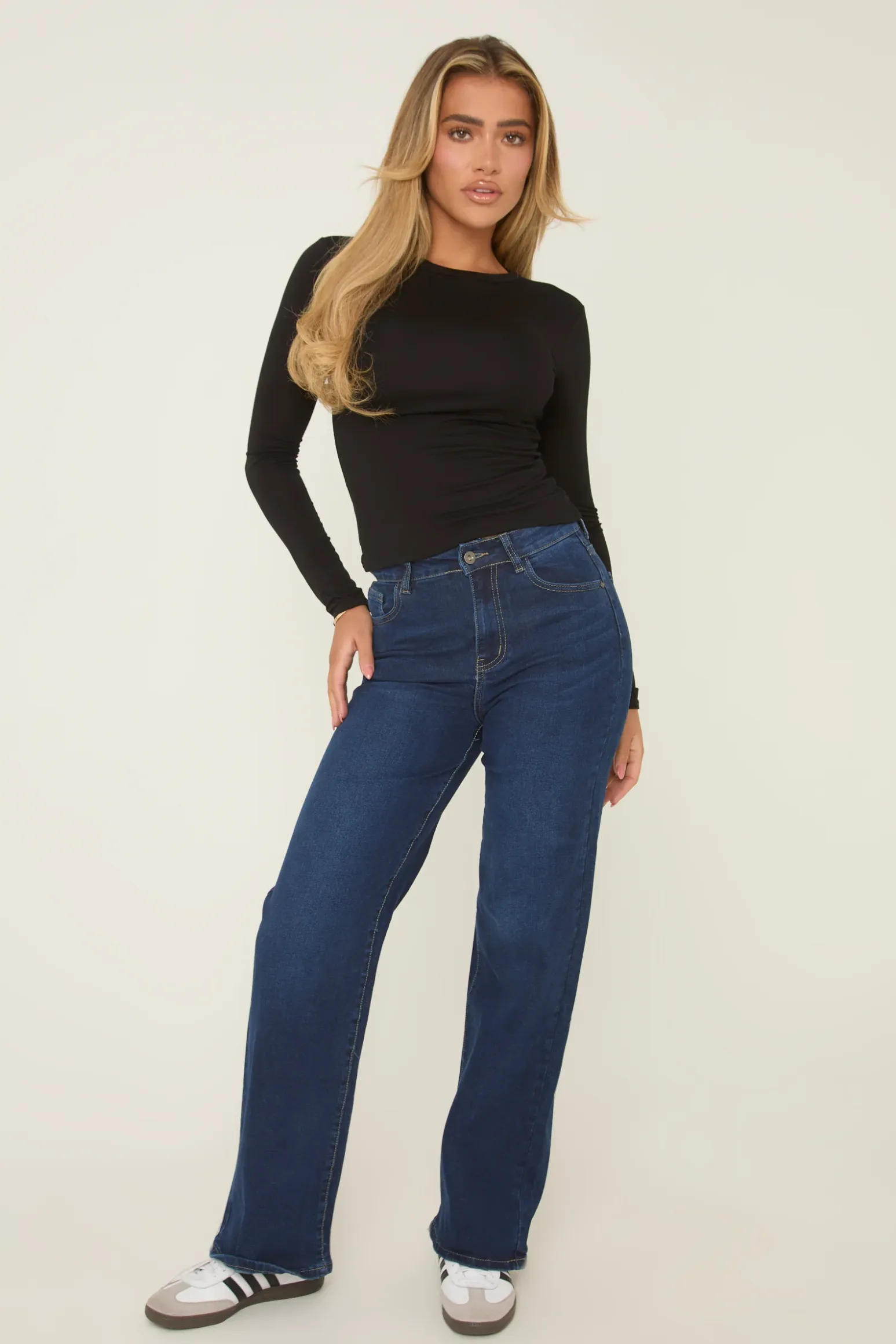 Rebellious Fashion Dark Blue Stretch Wide Leg Denim Jeans - Lajoy