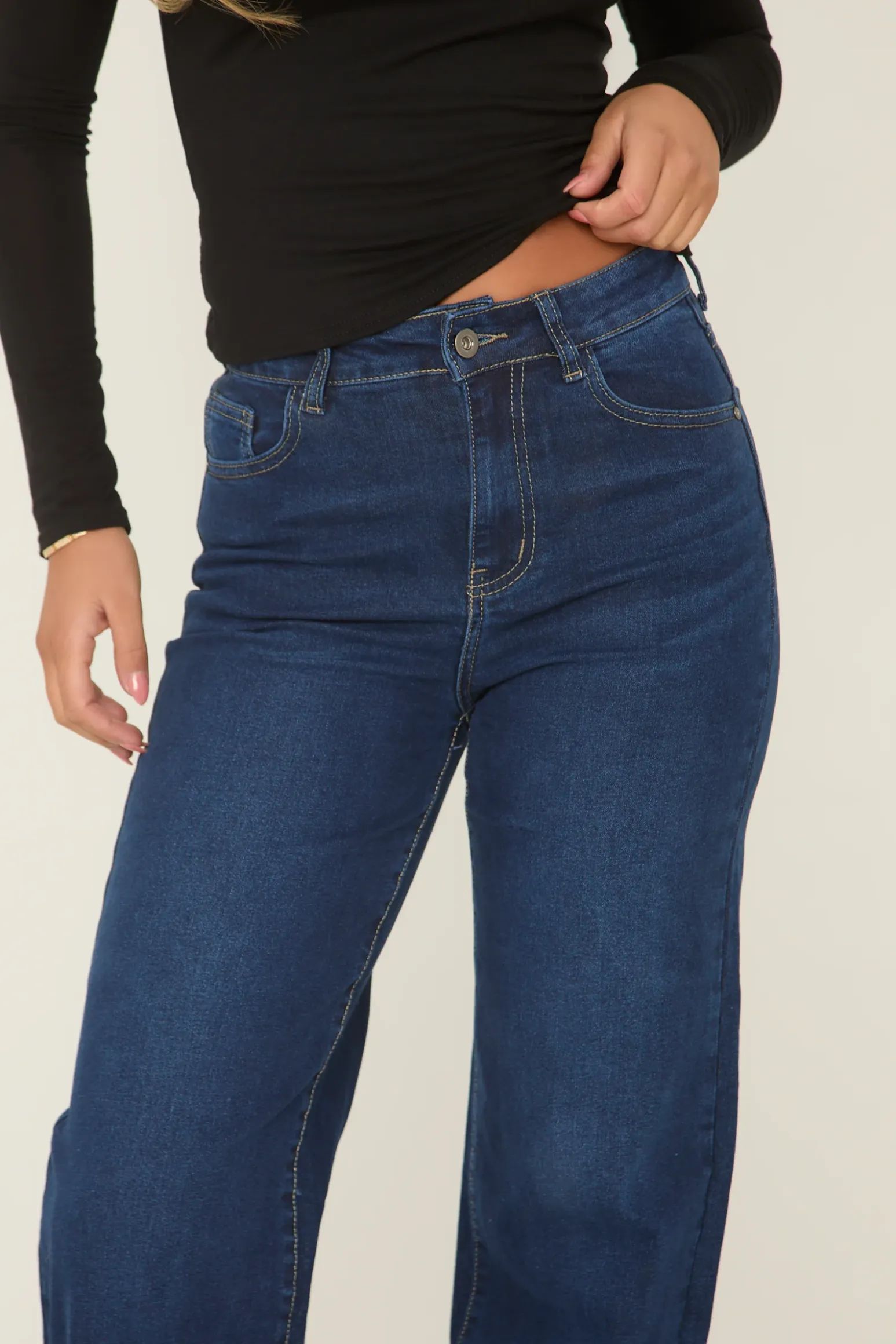 Rebellious Fashion Dark Blue Stretch Wide Leg Denim Jeans - Lajoy
