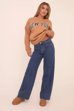 Rebellious Fashion Dark Blue Stretch Wide Leg Jeans - Paige