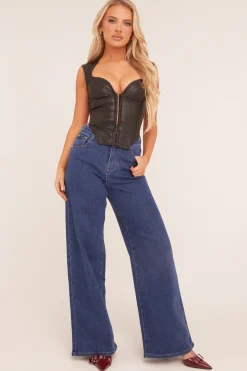Rebellious Fashion Dark Blue Stretch Wide Leg Jeans - Paige