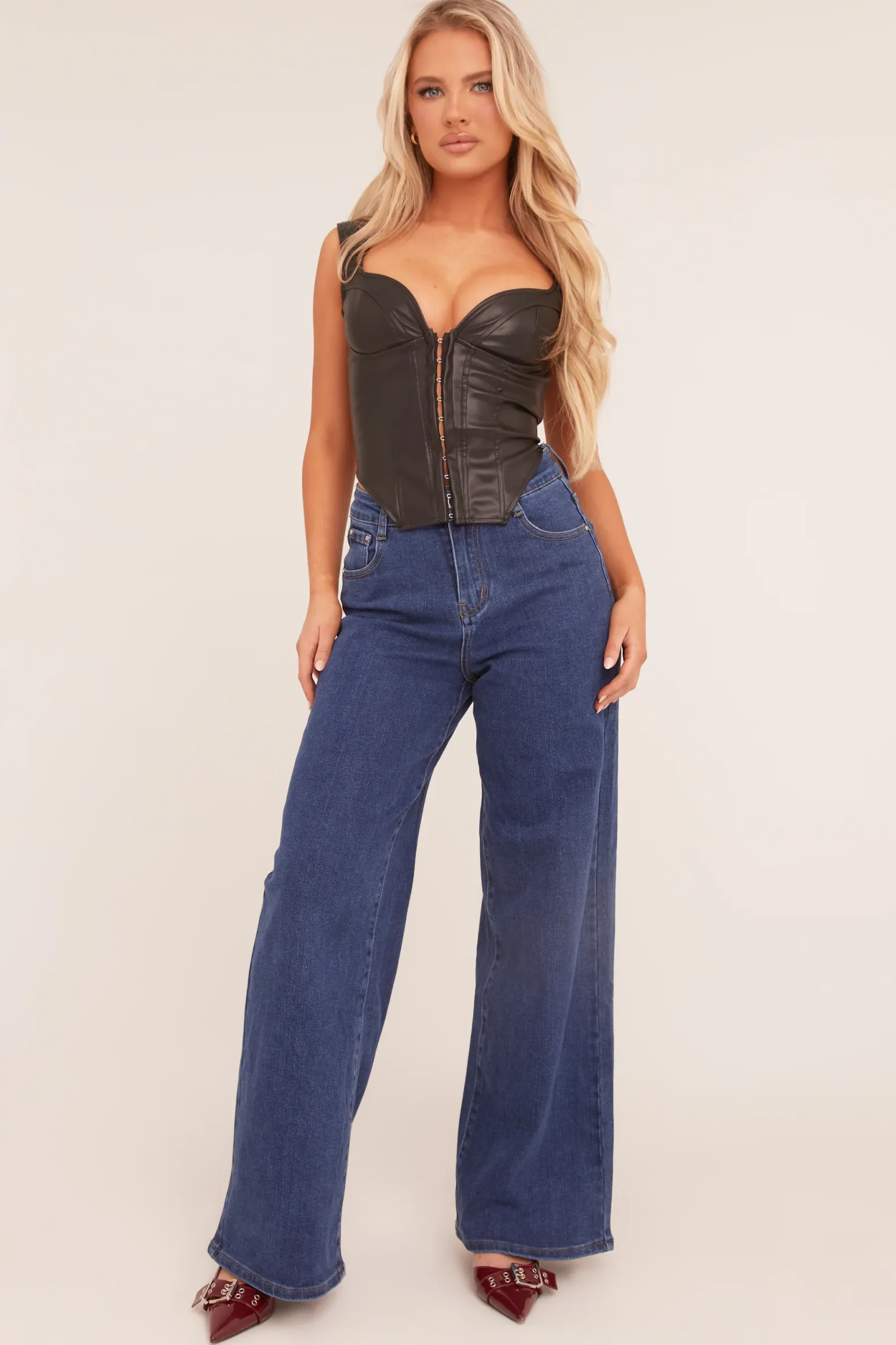 Rebellious Fashion Dark Blue Stretch Wide Leg Jeans - Paige