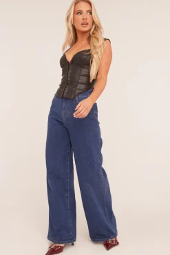 Rebellious Fashion Dark Blue Stretch Wide Leg Jeans - Paige