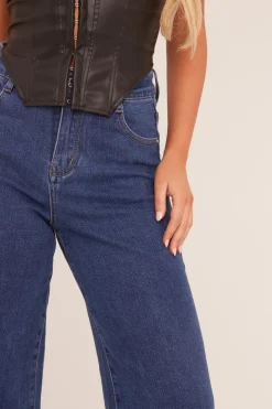 Rebellious Fashion Dark Blue Stretch Wide Leg Jeans - Paige