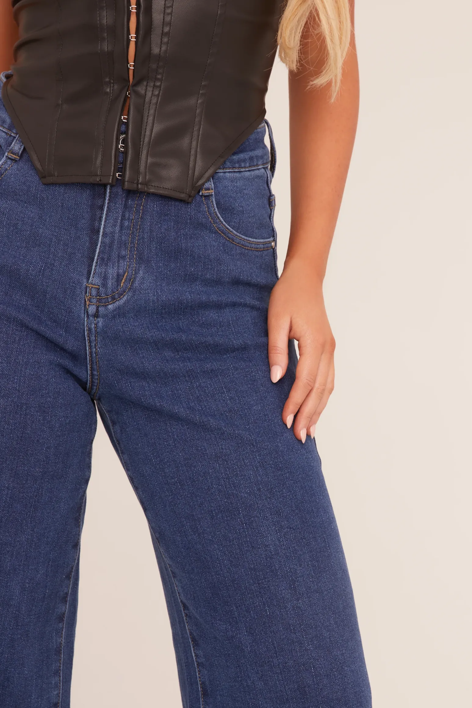 Rebellious Fashion Dark Blue Stretch Wide Leg Jeans - Paige