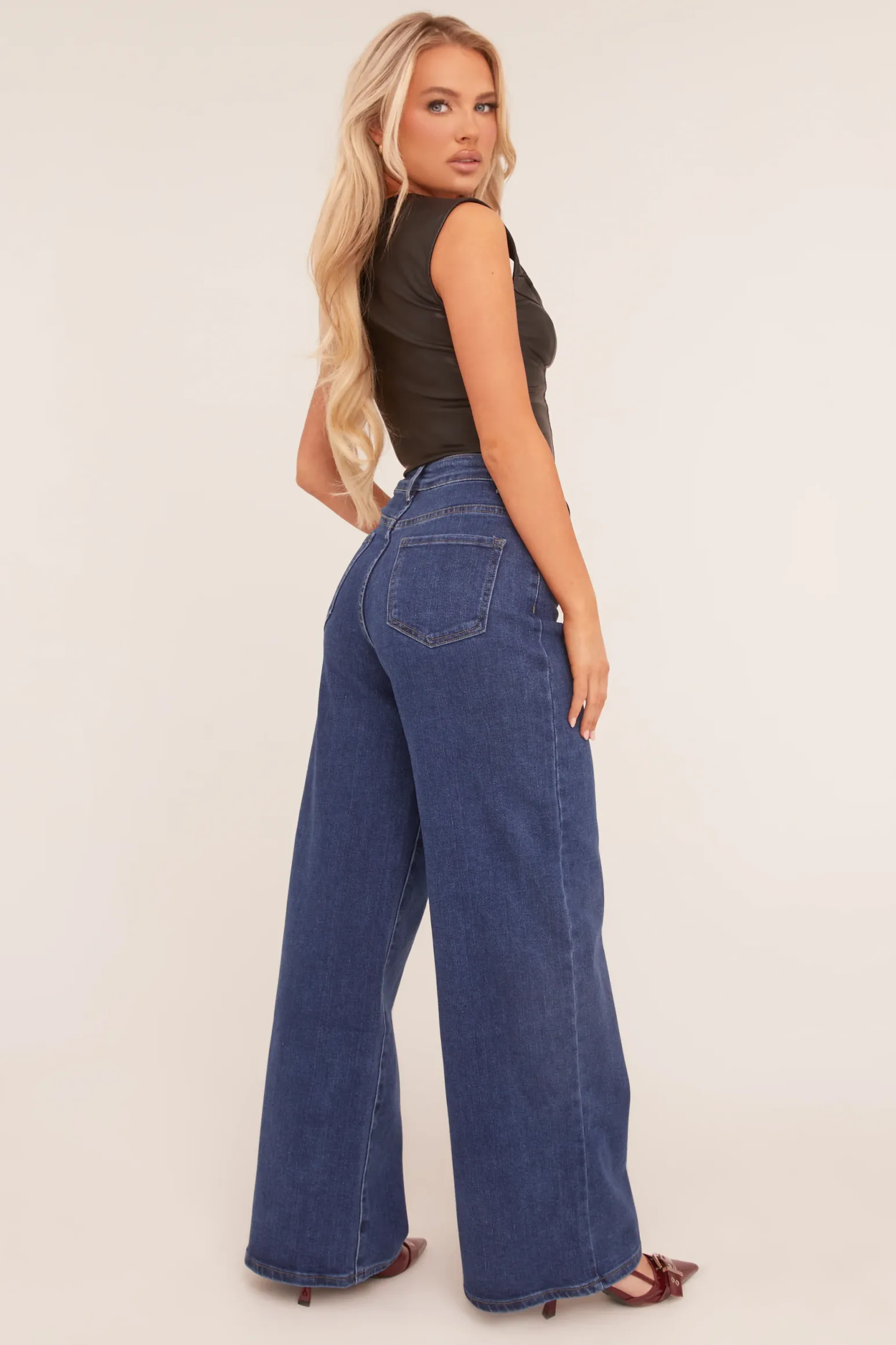 Rebellious Fashion Dark Blue Stretch Wide Leg Jeans - Paige