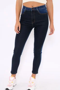 Rebellious Fashion Dark Blue Two Tone Contrast Skinny Jeans - Zakira