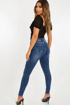 Rebellious Fashion Dark Blue Washed Classic Fit Skinny Jeans - Anaira