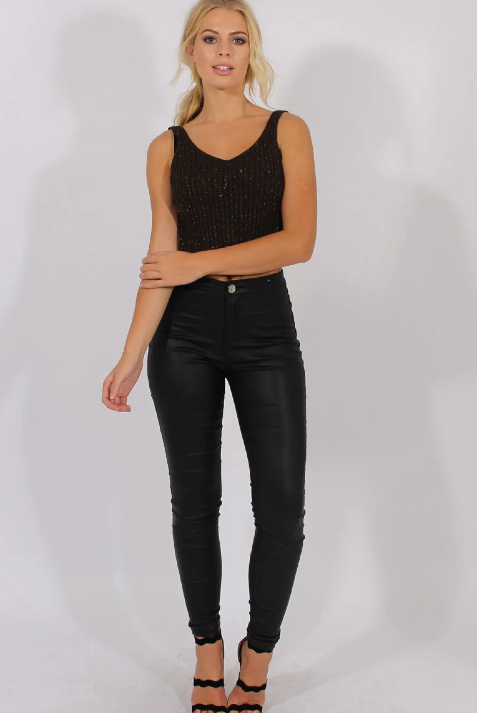 Rebellious Fashion Dark Brown Sparkle Knitted Crop Top - Nigella