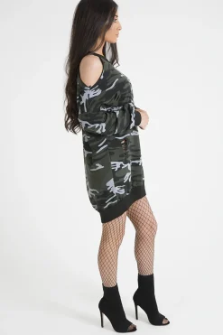 Rebellious Fashion Dark Camo Cold Shoulder Jumper Dress - Acacia