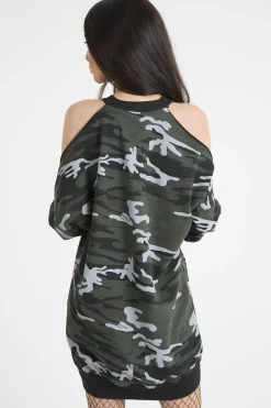 Rebellious Fashion Dark Camo Cold Shoulder Jumper Dress - Acacia