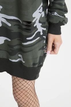 Rebellious Fashion Dark Camo Cold Shoulder Jumper Dress - Acacia
