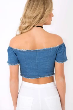 Rebellious Fashion Dark Denim Bardot Lace Up Crop Top - Rochella