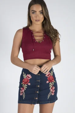 Rebellious Fashion Dark Denim Embroidered Button Up Skirt - Grace