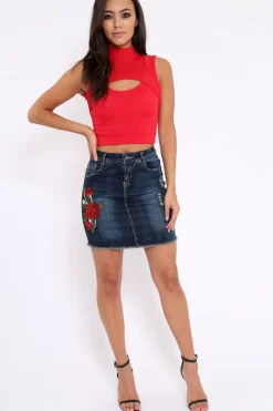 Rebellious Fashion Dark Denim Embroidered Sequin Mini Skirt - Rosie